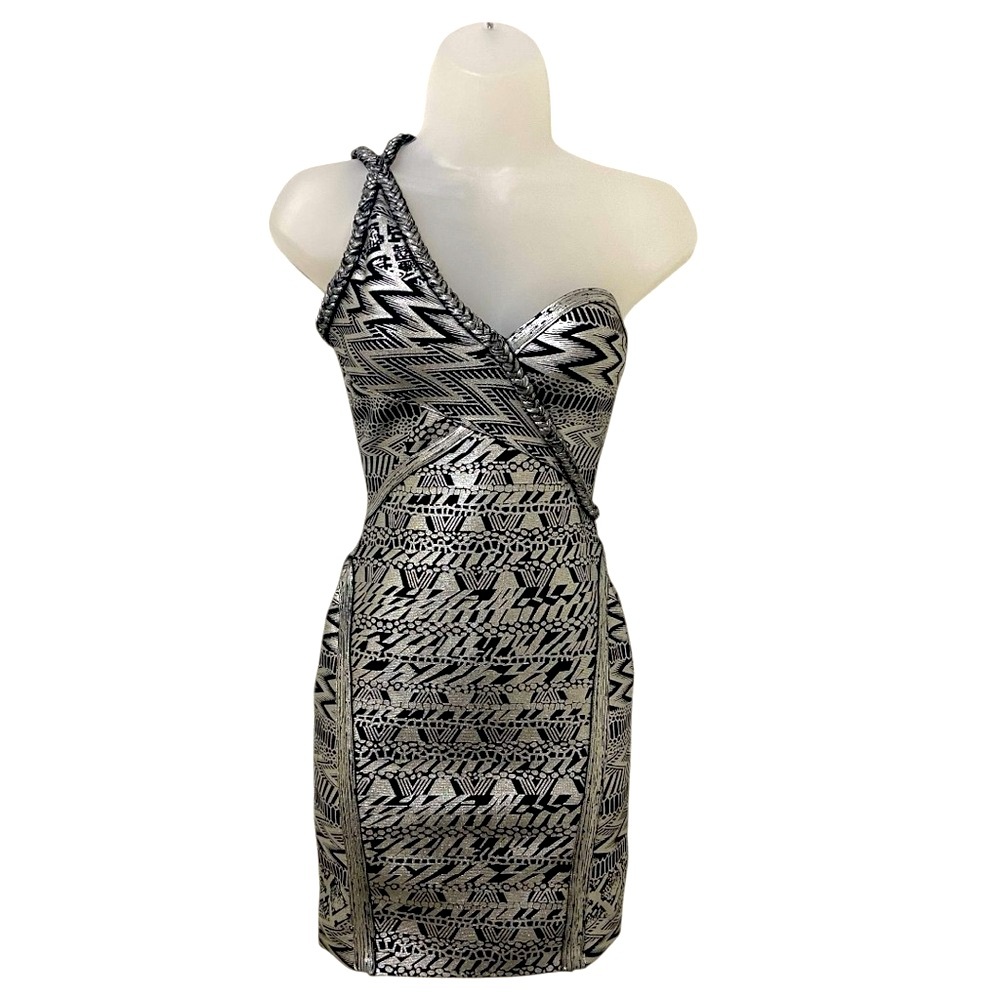 BB Bella Barnett One-Shoulder Bodycon Bandage Dress Black Silver S NWT